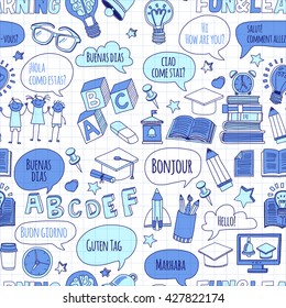 Language school linear doodle icons on notebook paper