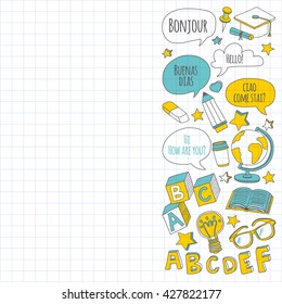Language school linear doodle icons on notebook paper