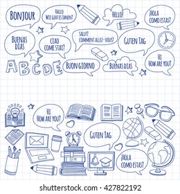 Language school linear doodle icons on notebook paper