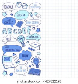 Language school linear doodle icons on notebook paper