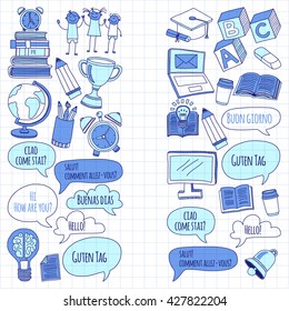 Language school linear doodle icons on notebook paper