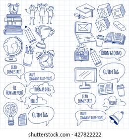 Language school linear doodle icons on notebook paper