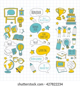 Language school linear doodle icons on notebook paper