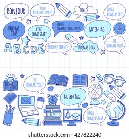 Language school linear doodle icons on notebook paper