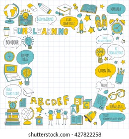 Language school linear doodle icons on notebook paper