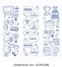 Language school linear doodle icons on notebook paper