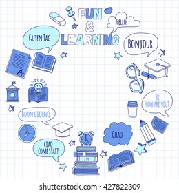 Language school linear doodle icons on notebook paper