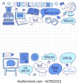 Language school linear doodle icons on notebook paper