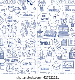 Language school linear doodle icons on notebook paper