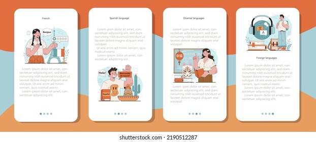 Language school mobile application banner set. Professor teaching foreign languages. Students learning a new language vocabulary. Idea of global communication. Vector illustration in cartoon style