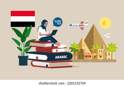 Language school online Arabic course. Study foreign languages with native speaker. Idea of global communication. Flat vector illustration.