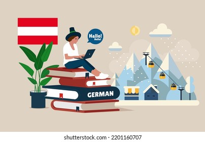 Curso alemán en línea de la escuela de idiomas. Estudiar idiomas extranjeros con hablante nativo. Idea de comunicación global. Ilustración vectorial.