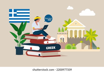 Sprachschule online Griechen Kurs. Lernen Sie Fremdsprachen mit Muttersprachlern. Idee globaler Kommunikation. Vektorgrafik.