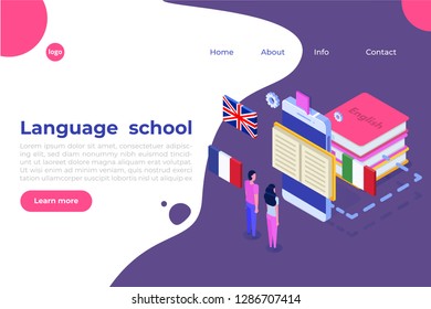 Language school, online learning. translator isometric vector illustration. Use for web pages, hero images, infographics.