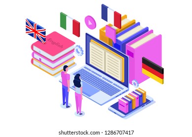 Language school, online learning. translator isometric vector illustration. Use for web pages, hero images, infographics.