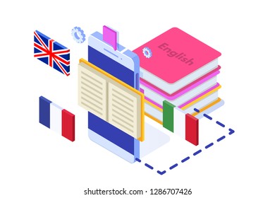 Language school, online learning. translator isometric vector illustration. Use for web pages, hero images, infographics.