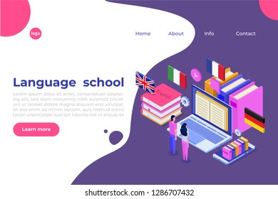 Language school, online learning. translator isometric vector illustration. Use for web pages, hero images, infographics.