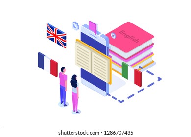 Language school, online learning. translator isometric vector illustration. Use for web pages, hero images, infographics.