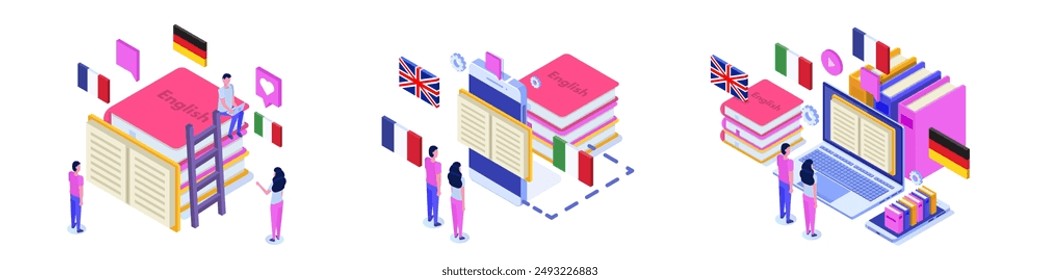 Language school, online learning. translator isometric  illustration. Use for web pages, hero images, infographics.