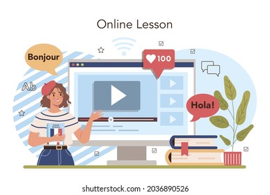 Language school online service or platform. Professor teaching foreign languages. Students learning a new language vocabulary. Online lesson. Flat vector illustration