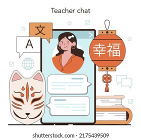 Language school online service or platform. Professor teaching foreign languages. Students learning a new language vocabulary. Online chat. Flat vector illustration