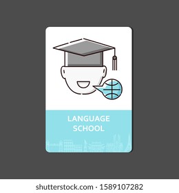 Language school - person with graduation cap with speech bubble in shape of globe symbol, multilingual cartoon character icon on rectangle card, isolated flat vector illustration