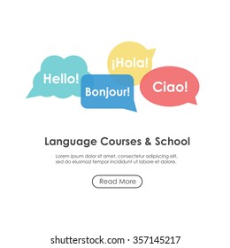 Language school poster, banner, template with speech bubbles. Inscriptions "Hello" in French, Italian and Spanish languages. Perfect for language course.