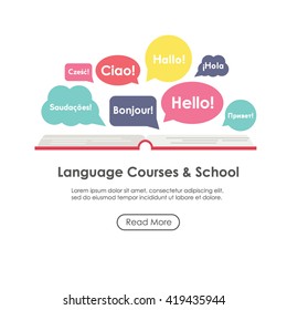 Language school poster, banner, template with speech bubbles. Inscriptions "Hello" in French, Italian, German, Spanish, Polish, Portuguese, Russian, English languages. Perfect for language school.