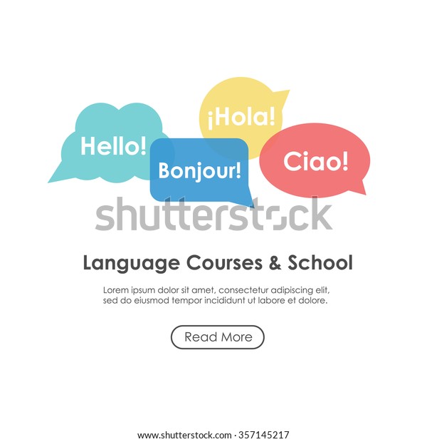 言語学校のポスター バナー 吹き出し付きテンプレート フランス語 イタリア語 スペイン語の こんにちは の碑文 語学コースに最適 のベクター画像素材 ロイヤリティフリー