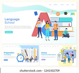 Language school, preparation for exams students with exams vector. Lessons online audio and video classes with help of laptop and modern techniques
