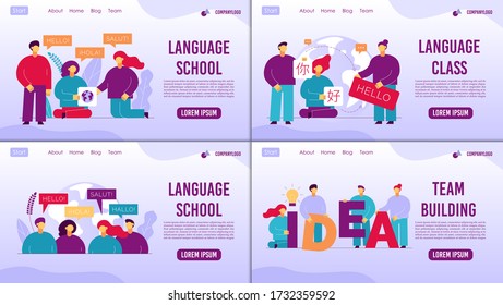 Language School Remote Learning, Online International Conversation, Class. Teambuilding Motivation, Company Spirit Development On Common Innovative Idea. Business Employees Training. Landing Page Set