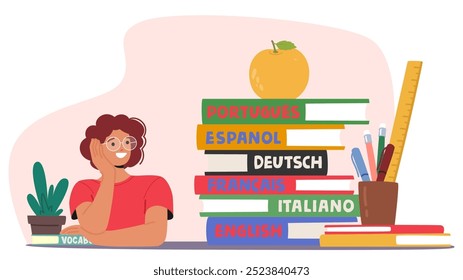 Language School Scene Featuring Smiling Student And Stack Of Colorful Language Books, Including English, Spanish, French, German, Italian, And Portuguese with An Apple On Top As A Symbol Of Education