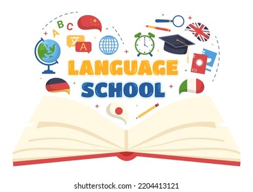 Language School Template Hand Drawn Cartoon Flat Illustration of Online Learning, Courses, Training Program and Study Foreign Languages Abroad