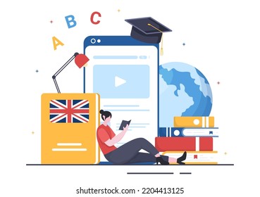 Language School Template Hand Drawn Cartoon Flat Illustration of Online Learning, Courses, Training Program and Study Foreign Languages Abroad