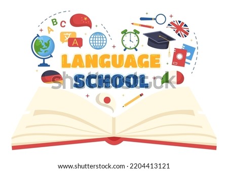 Language School Template Hand Drawn Cartoon Flat Illustration of Online Learning, Courses, Training Program and Study Foreign Languages Abroad