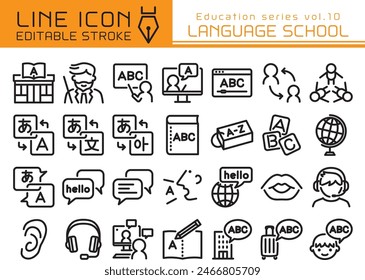 Language school vector icon set. Editable line stroke.
In Japanese it is written "a".
In Chinese it is written "a".
In Korean it is written "a".