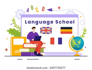Ilustración del Vector de la Escuela Lingüística Ilustración del Aprendizaje en Línea, Cursos, Programa de Capacitación y Estudios de Lenguas Hallo Extranjeras en el Extranjero con un Fondo Plano
