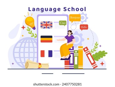 Language School Vector Illustration of Online Learning, Courses, Training Program and Study Foreign Hallo Languages Abroad in Flat Background