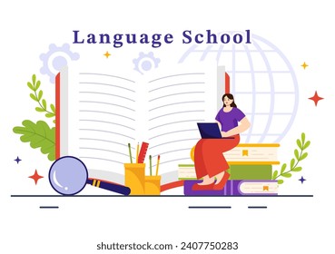 Language School Vector Illustration of Online Learning, Courses, Training Program and Study Foreign Hallo Languages Abroad in Flat Background