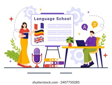 Language School Vector Illustration of Online Learning, Courses, Training Program and Study Foreign Hallo Languages Abroad in Flat Background