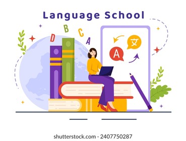 Ilustración del Vector de la Escuela Lingüística Ilustración del Aprendizaje en Línea, Cursos, Programa de Capacitación y Estudios de Lenguas Hallo Extranjeras en el Extranjero con un Fondo Plano