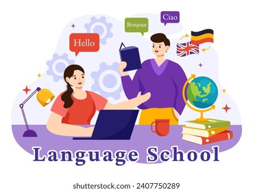 Language School Vector Illustration of Online Learning, Courses, Training Program and Study Foreign Hallo Languages Abroad in Flat Background