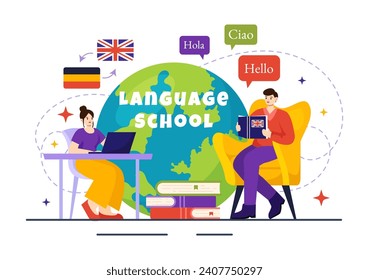 Language School Vector Illustration of Online Learning, Courses, Training Program and Study Foreign Hallo Languages Abroad in Flat Background