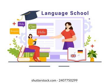 Language School Vector Illustration of Online Learning, Courses, Training Program and Study Foreign Hallo Languages Abroad in Flat Background