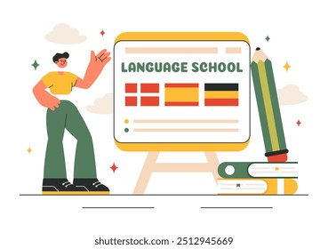 Language School Ilustração Vetor de Aprendizagem Online, Cursos, Programas de Treinamento, e Estudar Línguas Estrangeiras no Exterior em um Plano de Fundo Estilo Plano