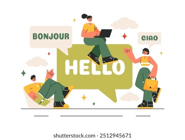 Language School Ilustração Vetor de Aprendizagem Online, Cursos, Programas de Treinamento, e Estudar Línguas Estrangeiras no Exterior em um Plano de Fundo Estilo Plano