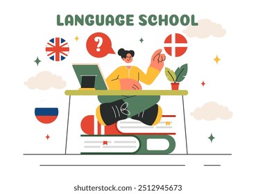 Language School Ilustração Vetor de Aprendizagem Online, Cursos, Programas de Treinamento, e Estudar Línguas Estrangeiras no Exterior em um Plano de Fundo Estilo Plano