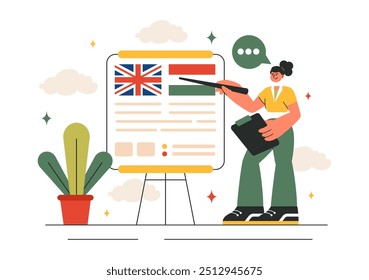 Language School Ilustração Vetor de Aprendizagem Online, Cursos, Programas de Treinamento, e Estudar Línguas Estrangeiras no Exterior em um Plano de Fundo Estilo Plano