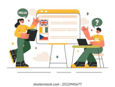 Language School Vector Illustration of Online Learning, Courses, Training Programs, and Studying Foreign Languages Abroad in a Flat Style Background