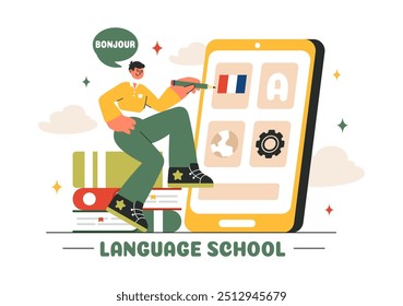 Language School Ilustração Vetor de Aprendizagem Online, Cursos, Programas de Treinamento, e Estudar Línguas Estrangeiras no Exterior em um Plano de Fundo Estilo Plano